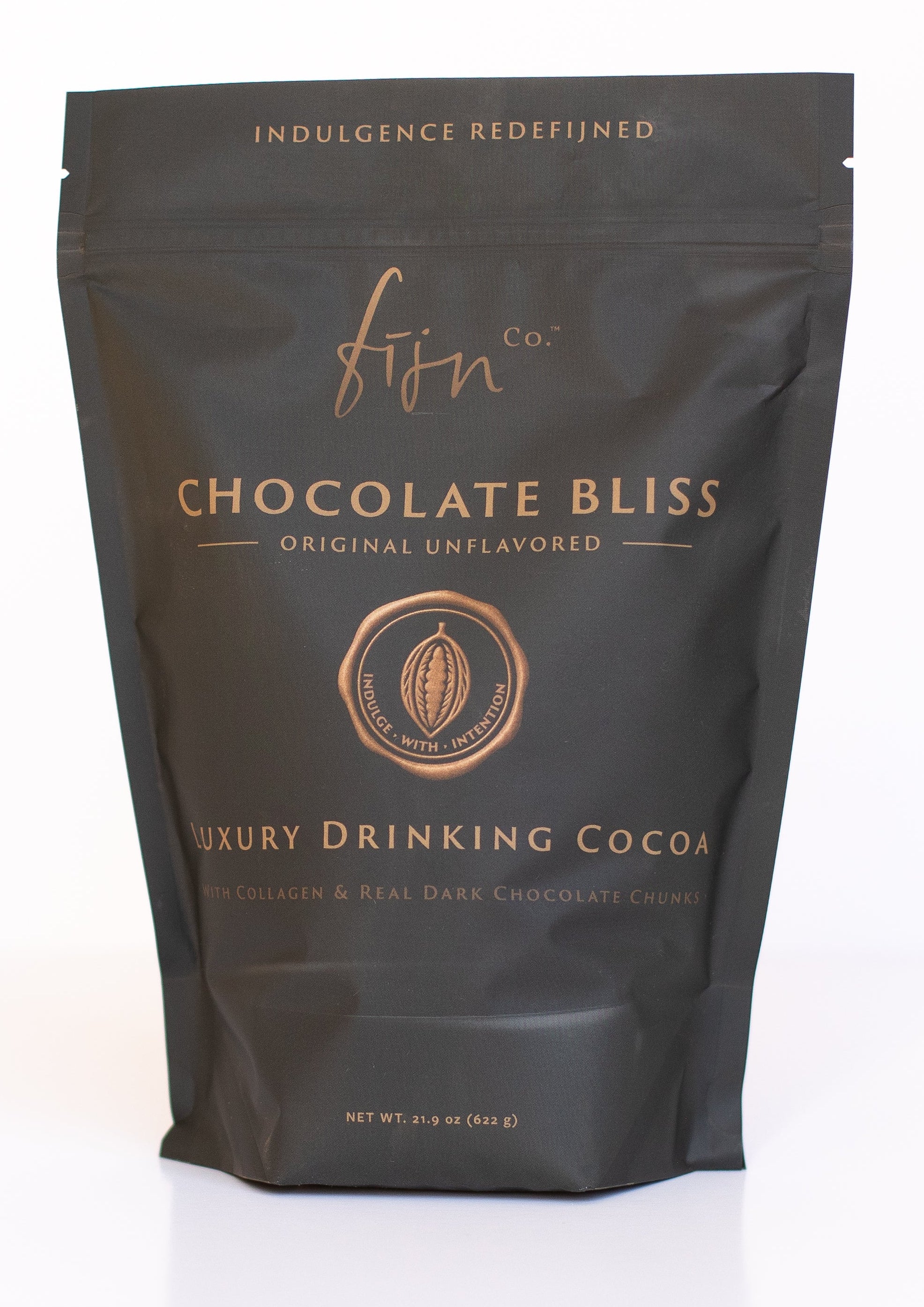 Dark packaging of 'Chocolate Bliss' drinking cocoa with gold text on a white background