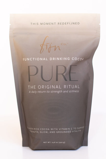 Bag of 'PURE' delicious cocoa collagen on a white background