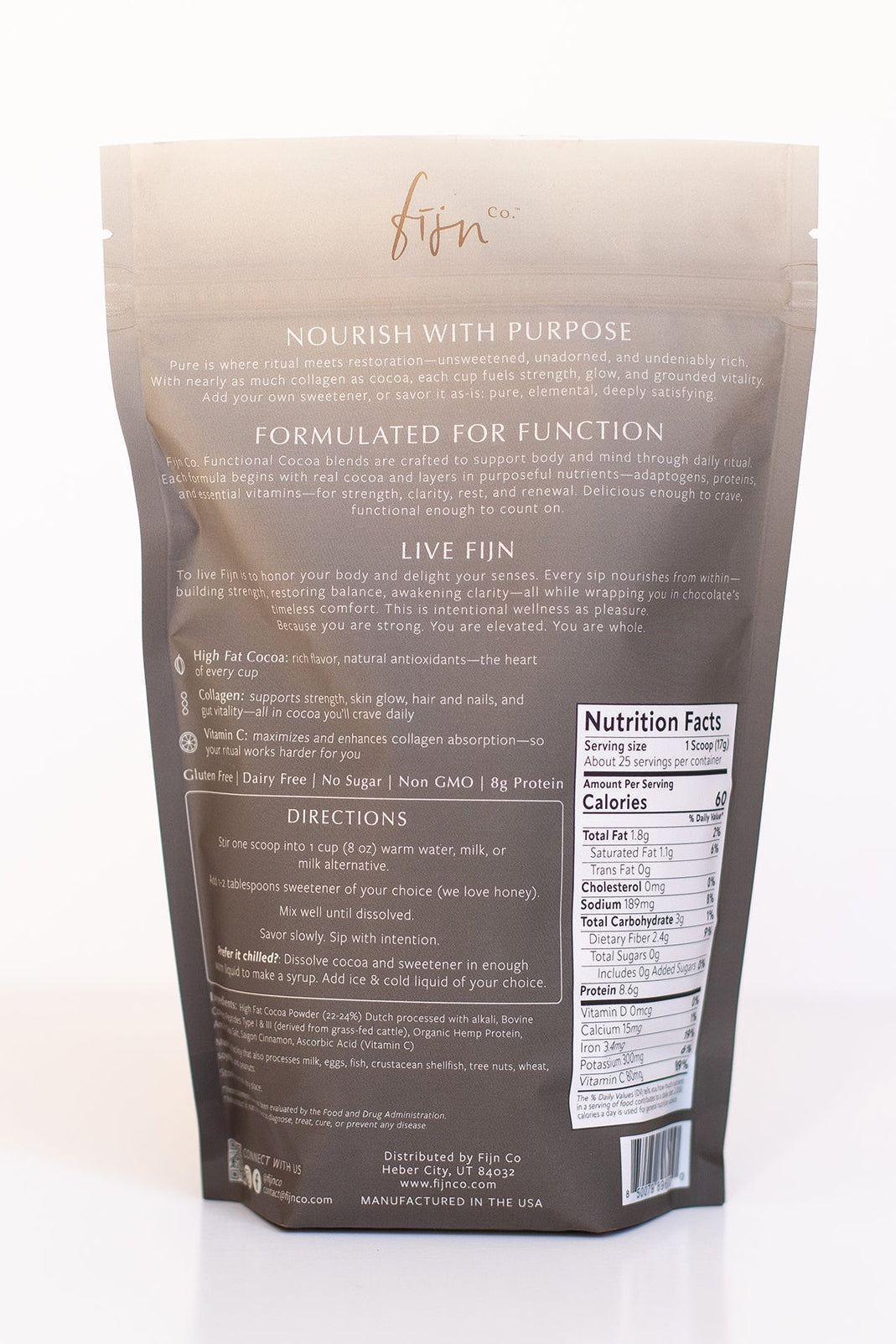 Back view of a Fijn 'PURE' cocoa collagen packaging on a white background