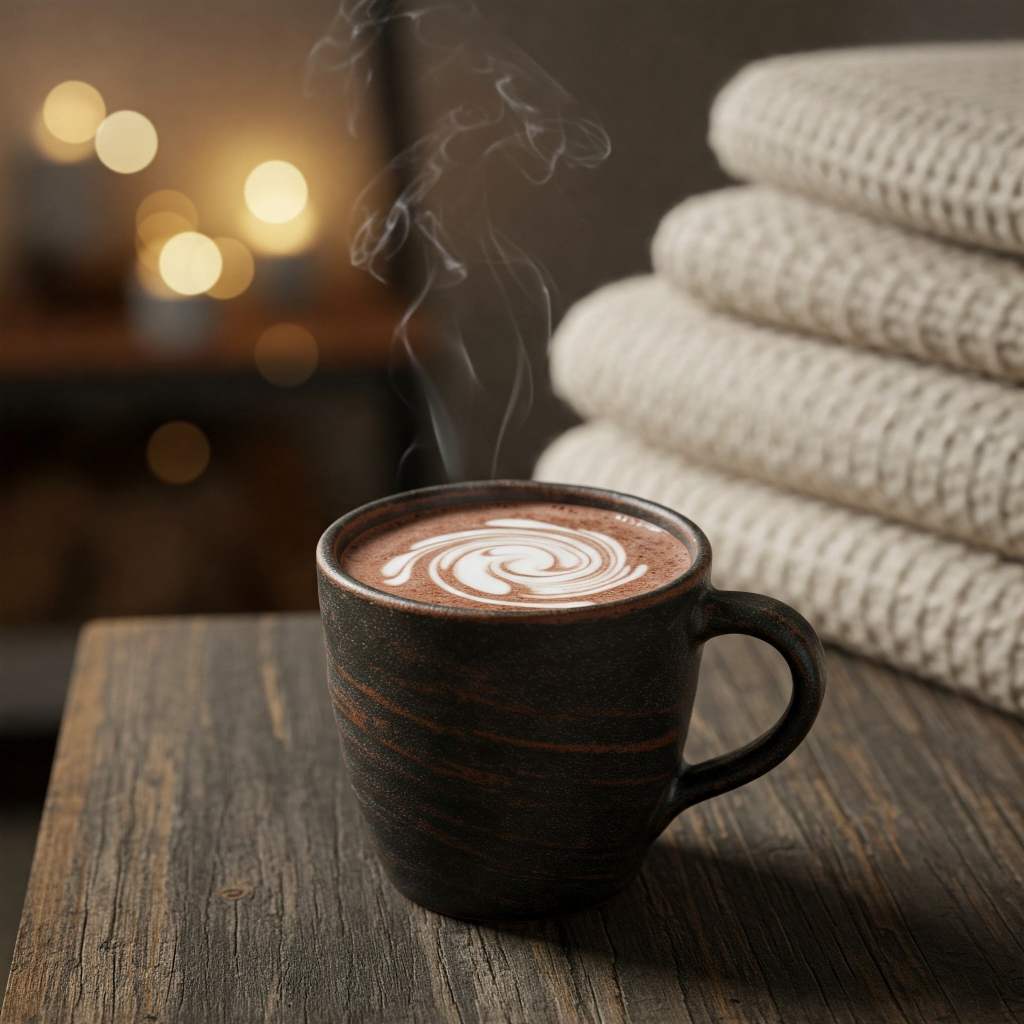 A steaming mug of Fijn cocoa topped with a swirl of cream, resting on a linen-draped table — rich, smooth, and deeply satisfying